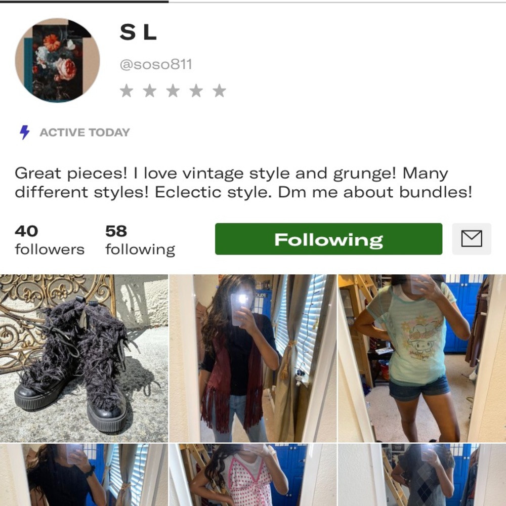 Find her on Depop! Vintage style and good brands!!